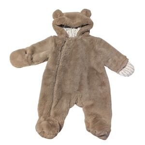 First Wish Baby Bear Faux Fur Bunting Suit Taupe Brown 0-3M Hooded Pram Snowsuit